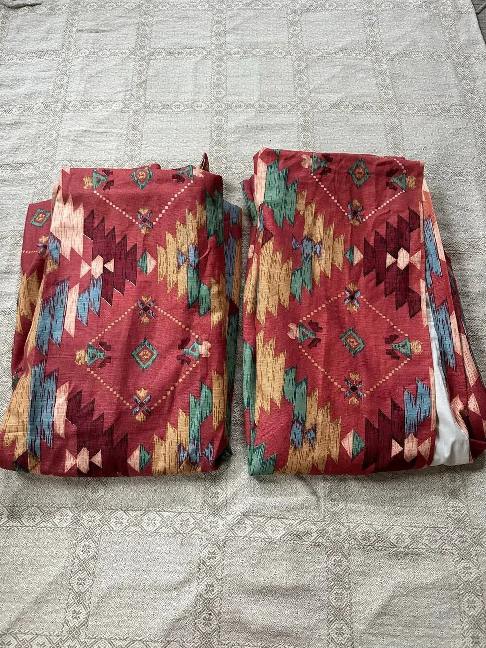 Vintage custom drapes lined pinch pleat Southwestern kilim traditional set pair